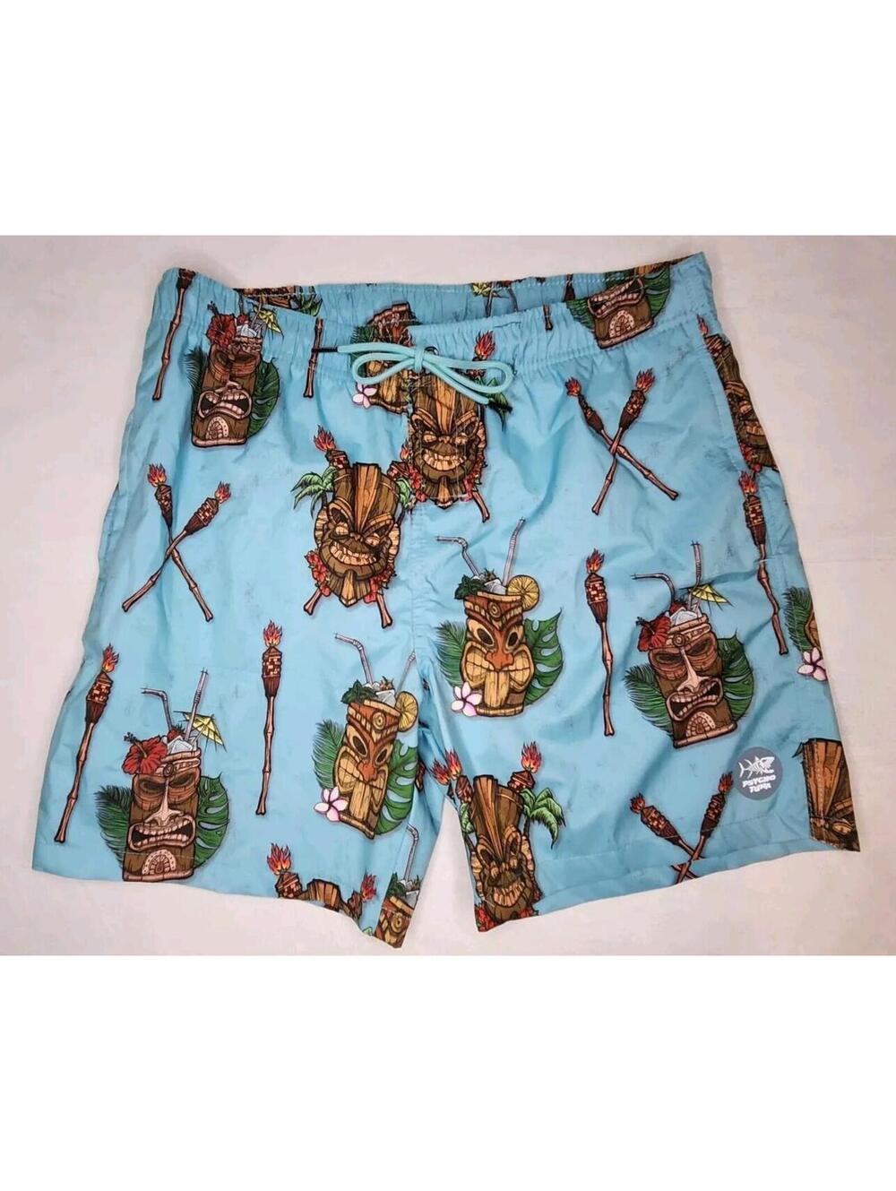 Mens Large Psycho Tuna Swim Trunks Boardshorts Blue Tiki All Over Print